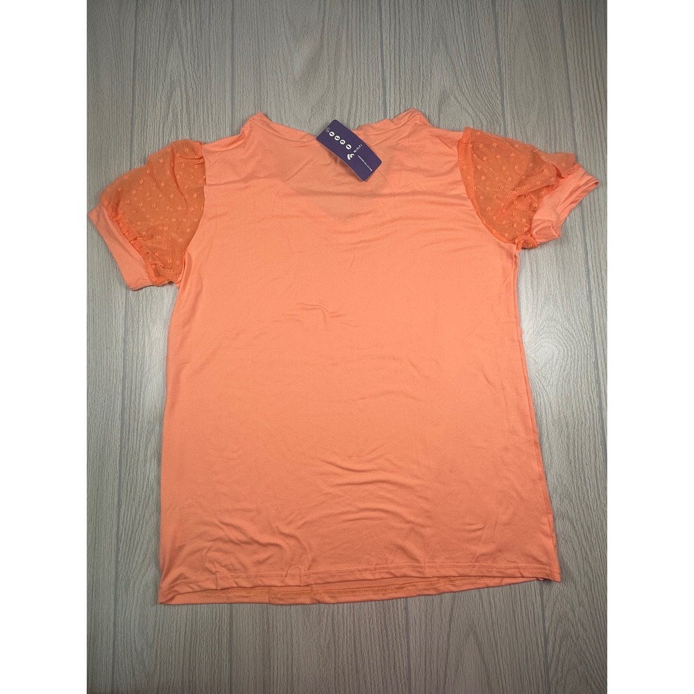 MISIFI Women's Peach V Neck‎ T-Shirt Dotted Mesh Cap Sleeve Top M - Picture 2 of 4